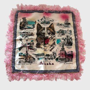 Vintage Souvenir Pillow Cover Case Alaska Satin Fringed Square Kitschy Retro